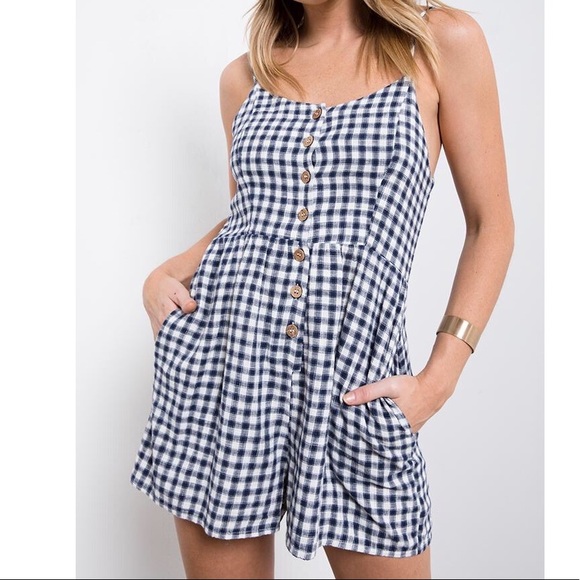 White Crow Pants - Gingham Romper - Dark navy, almost looks black